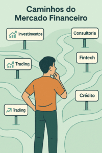 Ilustração dos caminhos do mercado financeiro: investimentos, trading, consultoria, fintech e crédito