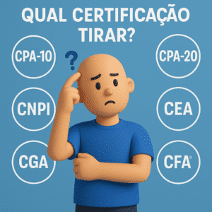 Ilustração com a pergunta qual certificação tirar, cercada por CPA-10, CPA-20, CNPI, CEA, CGA e CFA