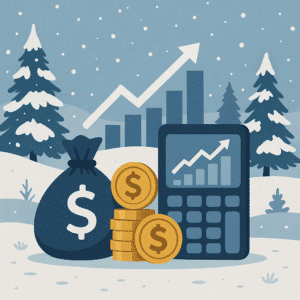 Ilustração de planejamento financeiro com calculadora, moedas e gráfico crescente